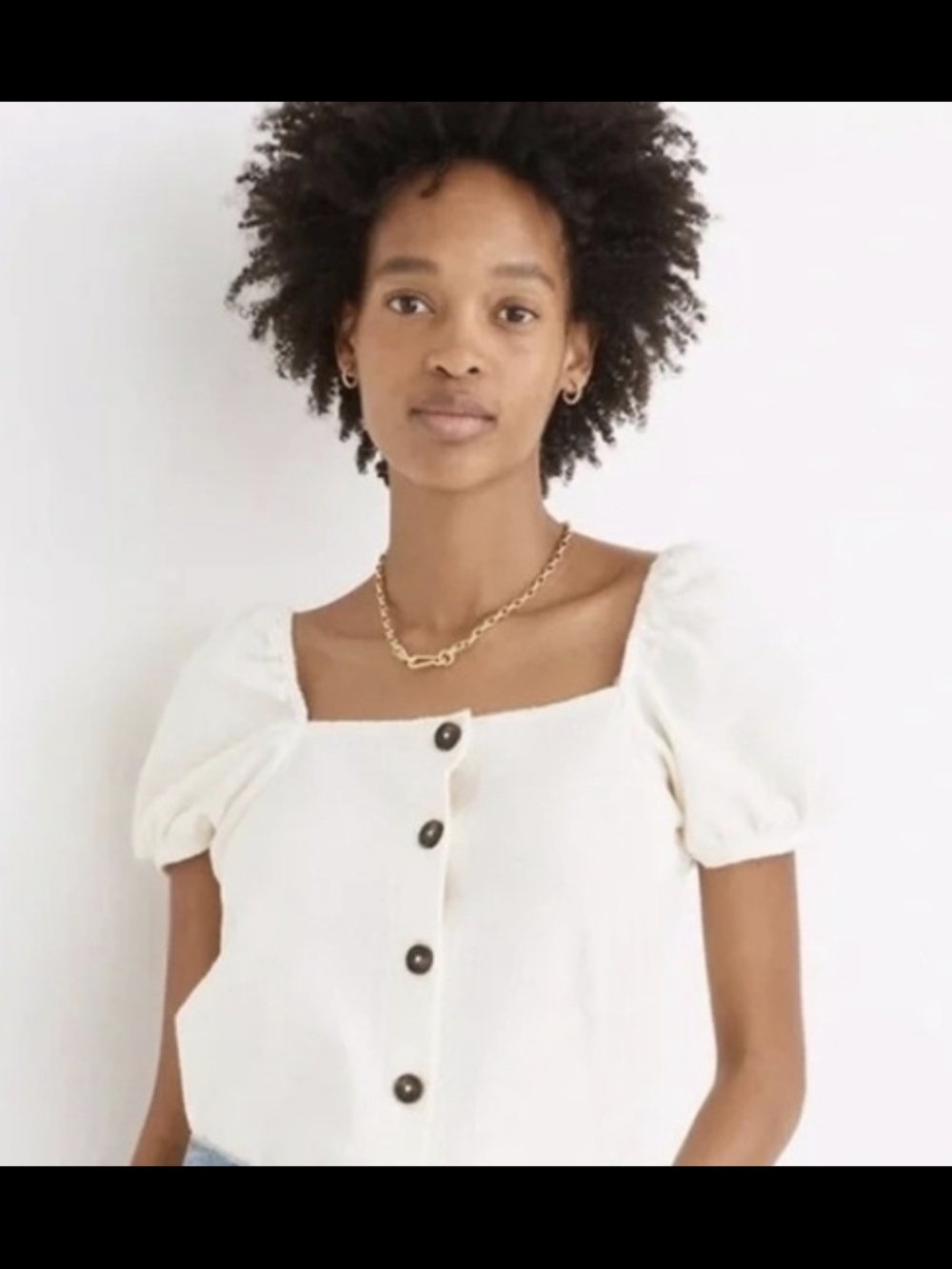 Madewell Cream Square-Neck Puff Sleeve Button Top